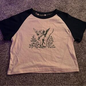 ROMWE Black and Cream Angel Print Crop Top